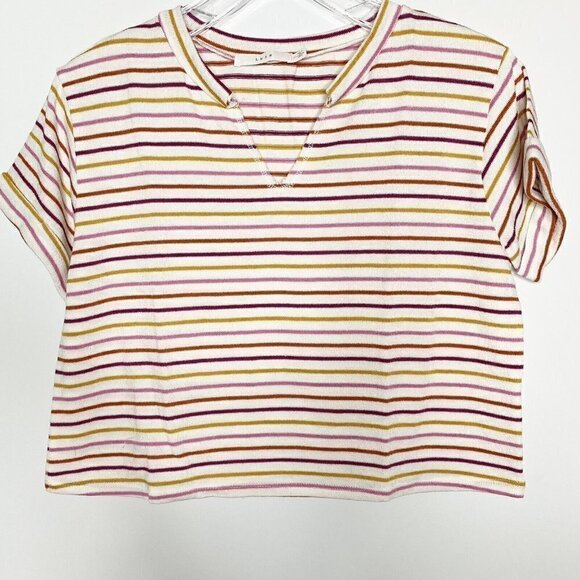 LUSH Terry Stripe Notched Crop Tee T-shirt M Rainbow T27 - Picture 3 of 4